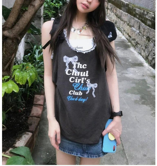 Lace Trim Loose Sleeveless Cami Top