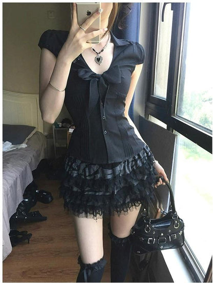 Korean Bow Tie Short Sleeve Shirt