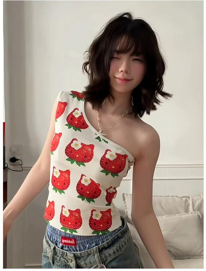 Strawberry Cat Kitty Off Shoulder Crop Top