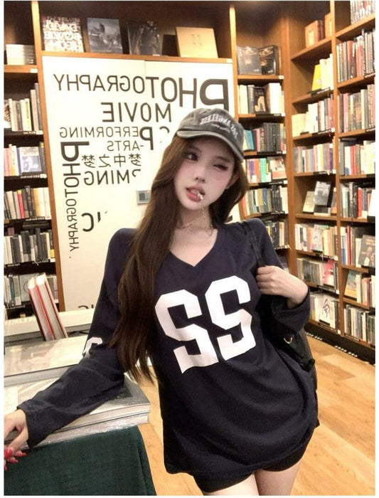 Retro Letter V-Neck Long Sleeve Top