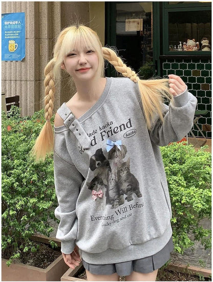 Retro Dog Print Off Shoulder Sweatshirt