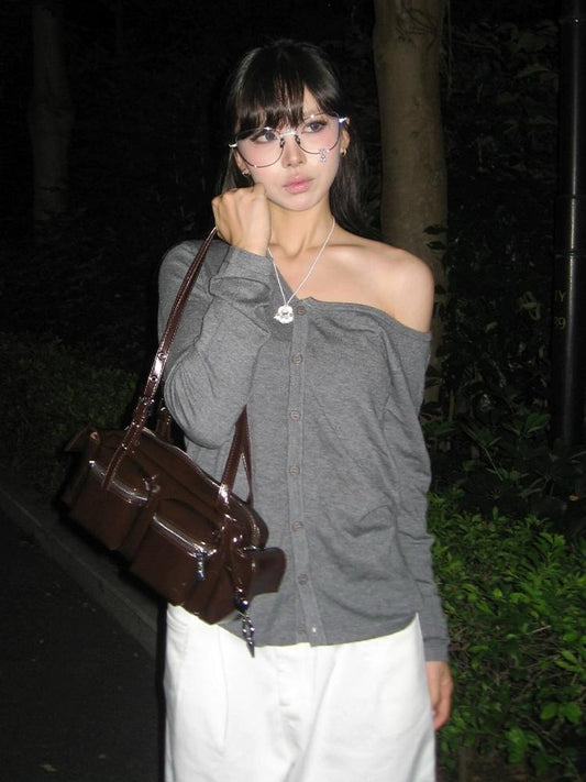 Gray Off Shoulder Knit Cardigan Top