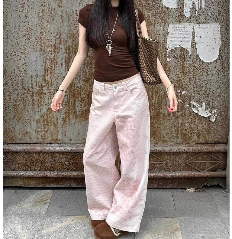 Pink Leopard Print Wide Leg Pants