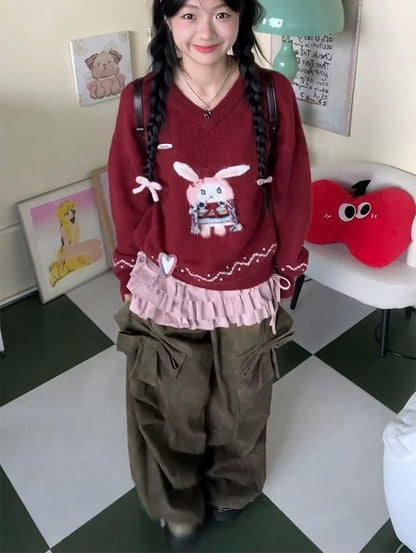 Red V-Neck Fluffy Bunny Sweater