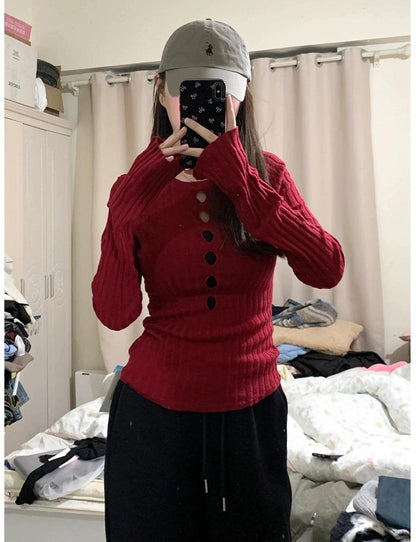 Red Hollow Out Long Sleeve Top