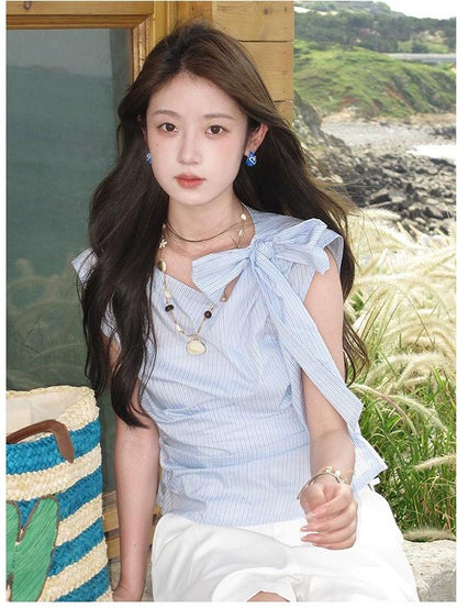 Korean Asymmetrical Bow Stripe Shirt