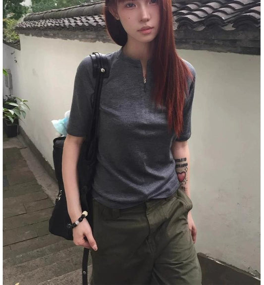 Half-Zip Basic Short Sleeve Top