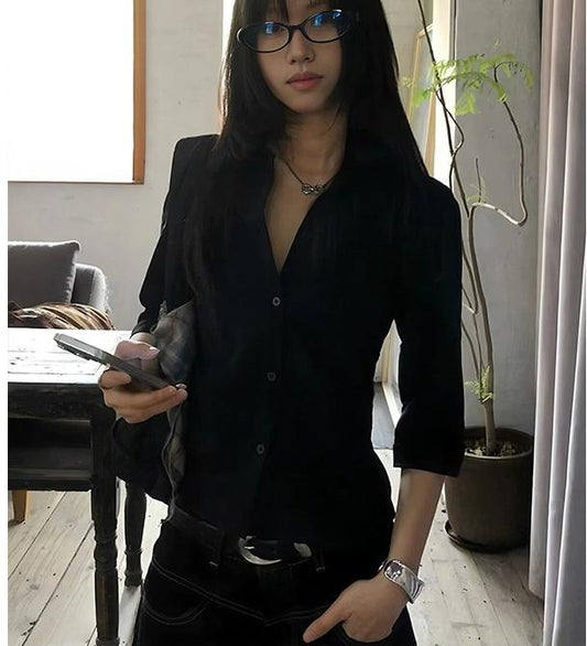 Black 3/4 Sleeve Slim Shirt