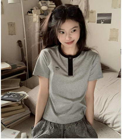 Grey Colorblock Crop Short Sleeve Top