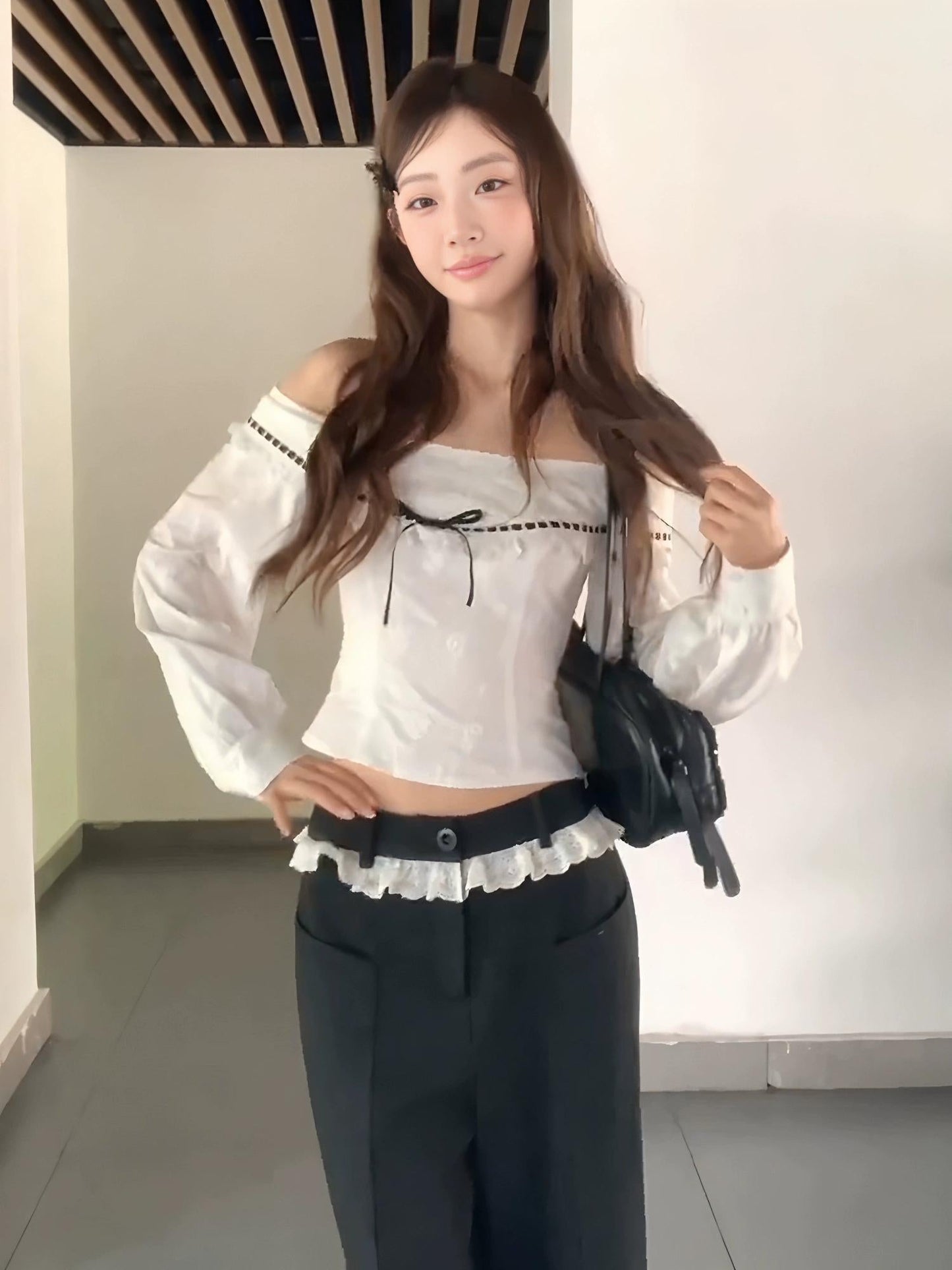 Korean Off-Shoulder Tie Waist Shirt