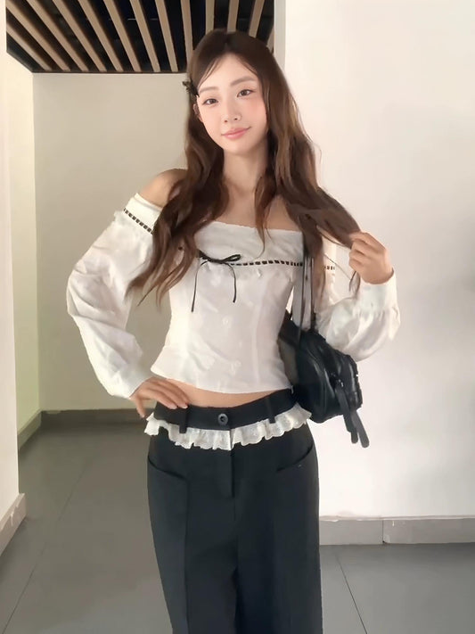 Korean Off-Shoulder Tie Waist Shirt