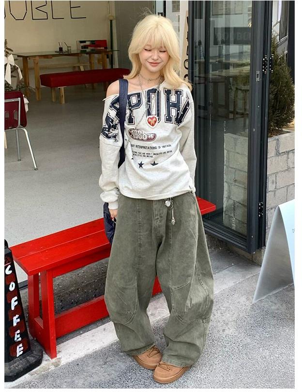 Vintage Number Print Off-Shoulder Hoodie