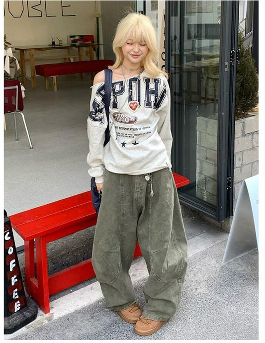 Vintage Number Print Off-Shoulder Hoodie