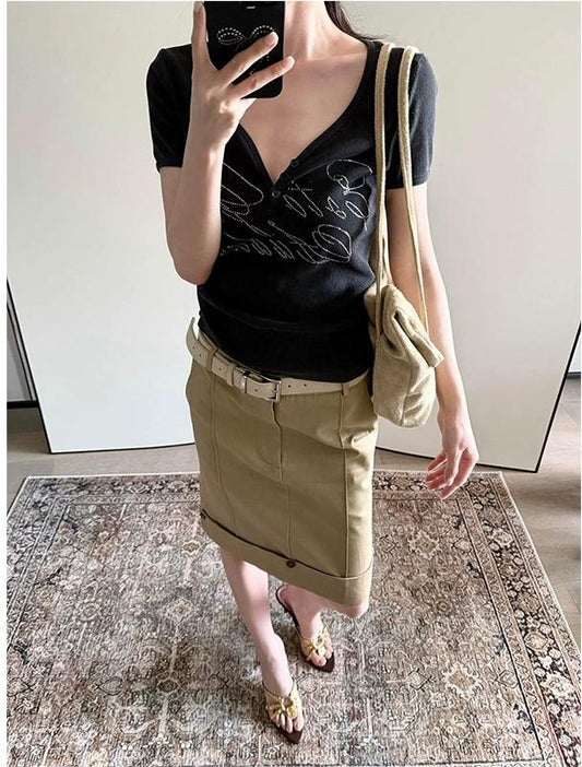 Heart Neck Rhinestone Short Sleeve Top