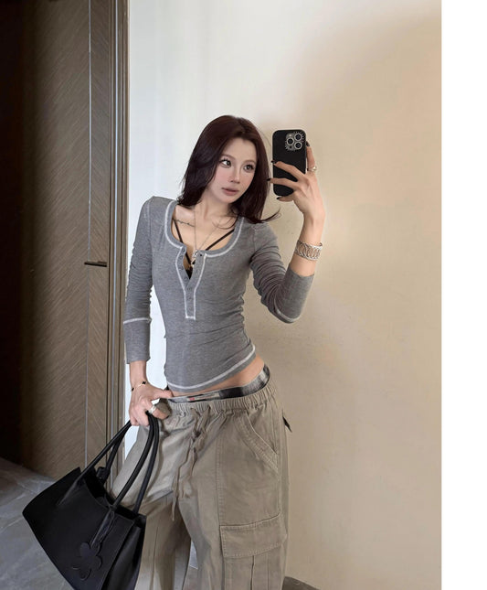 Henley Grey Long Sleeve Top
