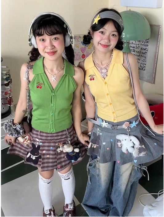 Green Cherry Embroidered Knit Vest