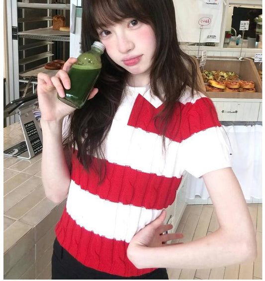 Striped Colorblock Polo Knit Top