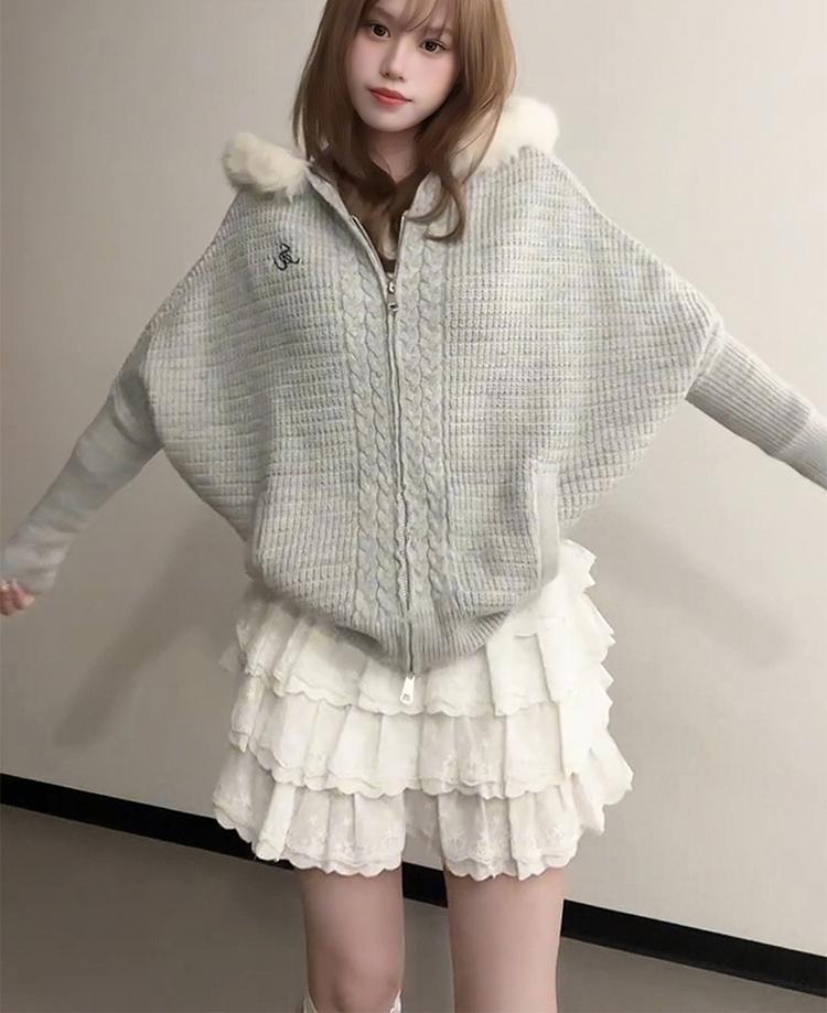 Cable Knit Fur Collar Cardigan