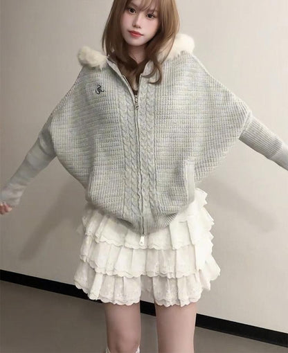 Cable Knit Fur Collar Cardigan
