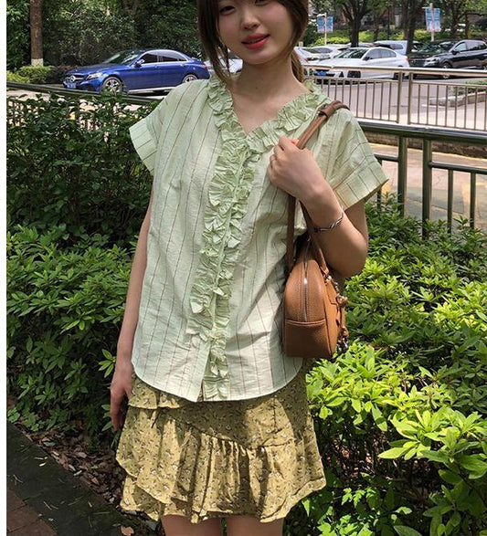 Mint Stripe Frill V-Neck Shirt