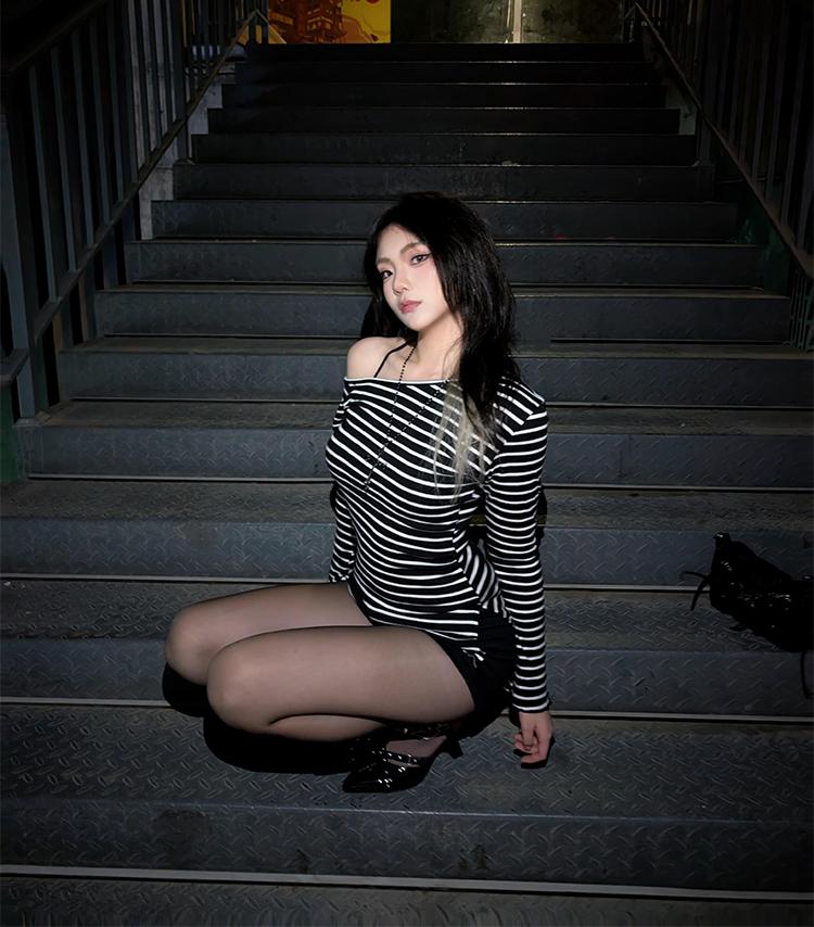 Korean Ruffle Shoulder Striped Top