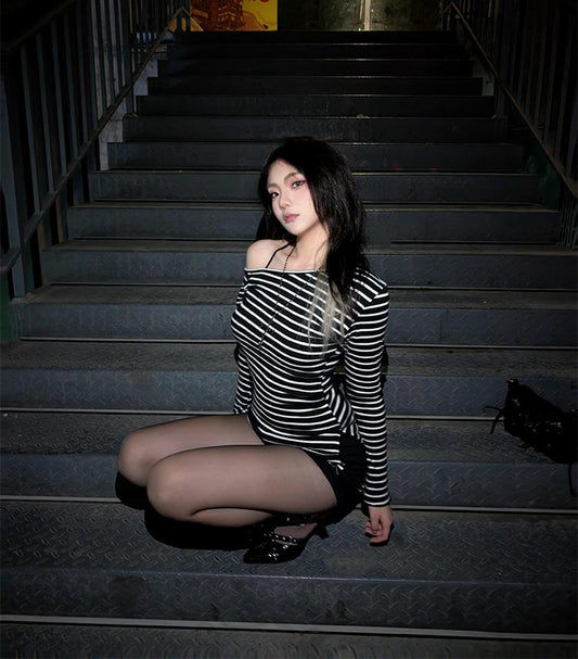 Korean Ruffle Shoulder Striped Top