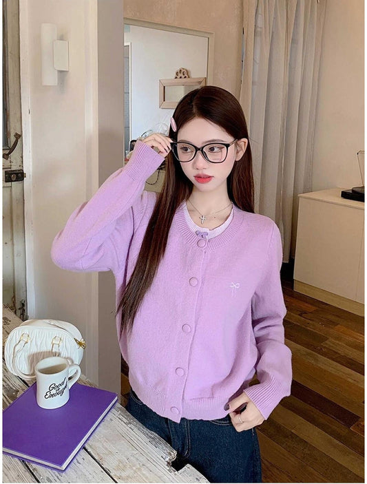 Purple Bow Layered Knit Cardigan
