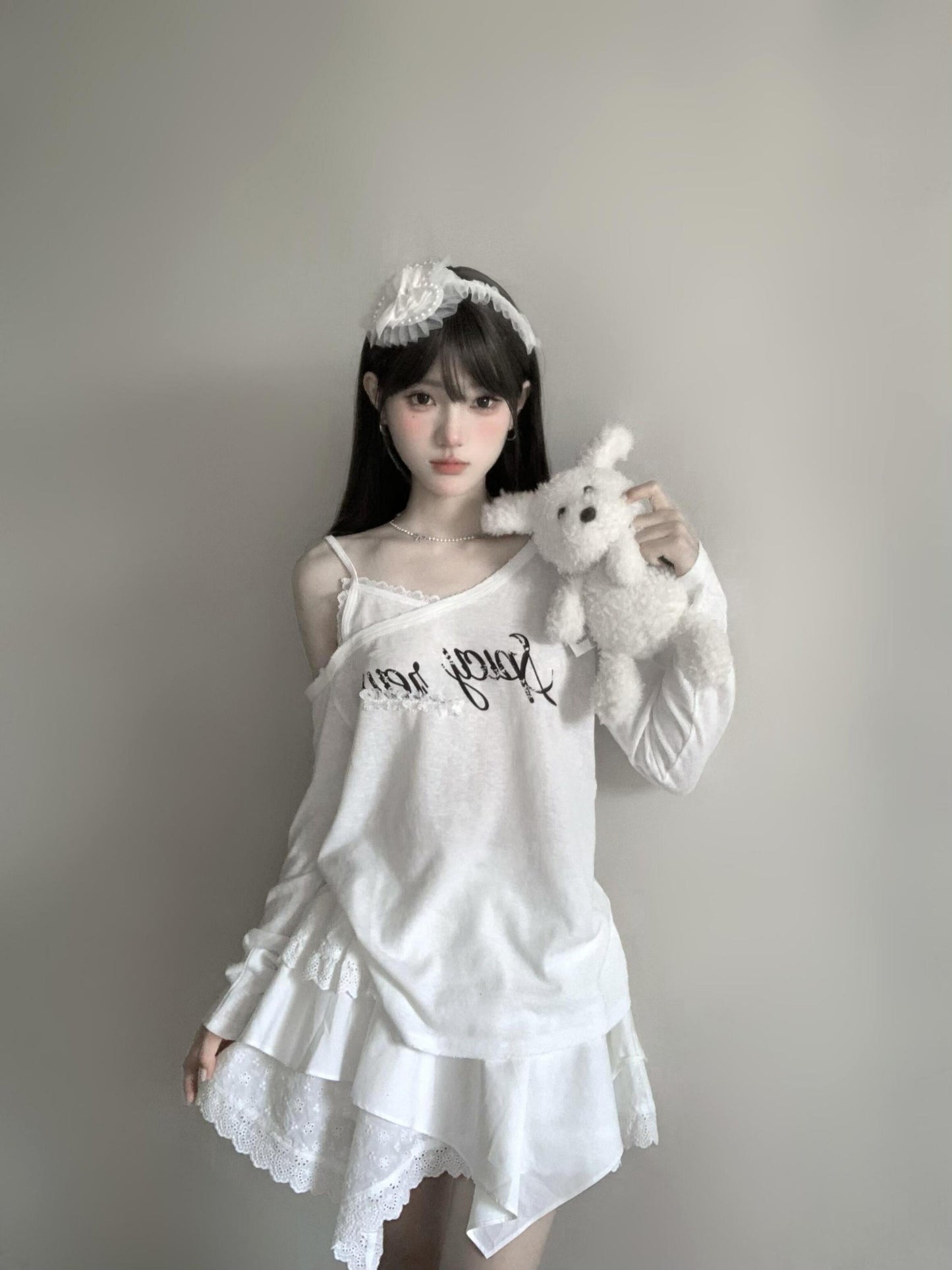 One Shoulder Lace Layered Tee