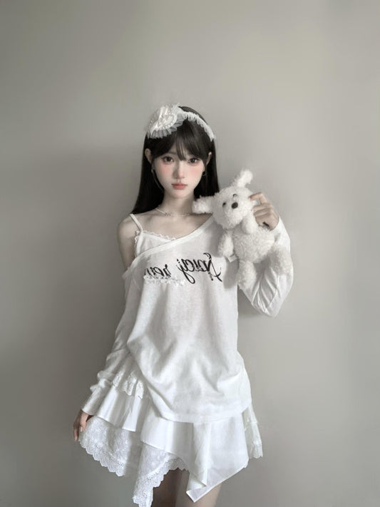 One Shoulder Lace Layered Tee