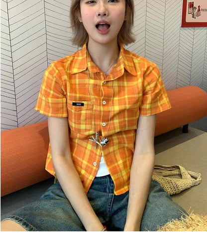 Orange Plaid Crop Shirt