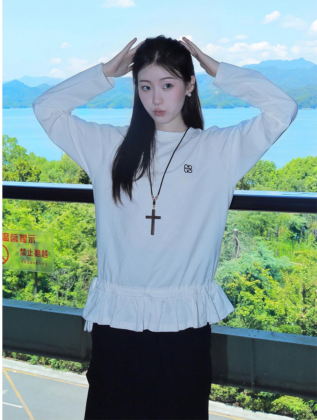 White Embroidered Ruffle Long Sleeve Tee