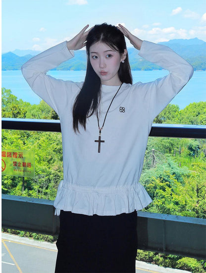 White Embroidered Ruffle Long Sleeve Tee