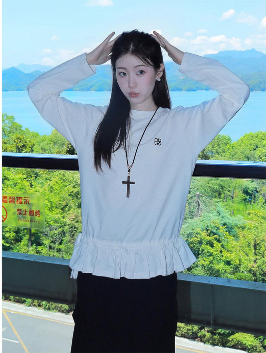 White Embroidered Ruffle Long Sleeve Tee