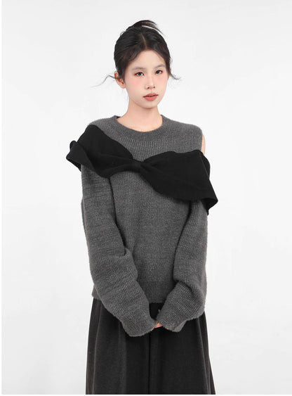 Korean Gray Bow Shoulder Knit