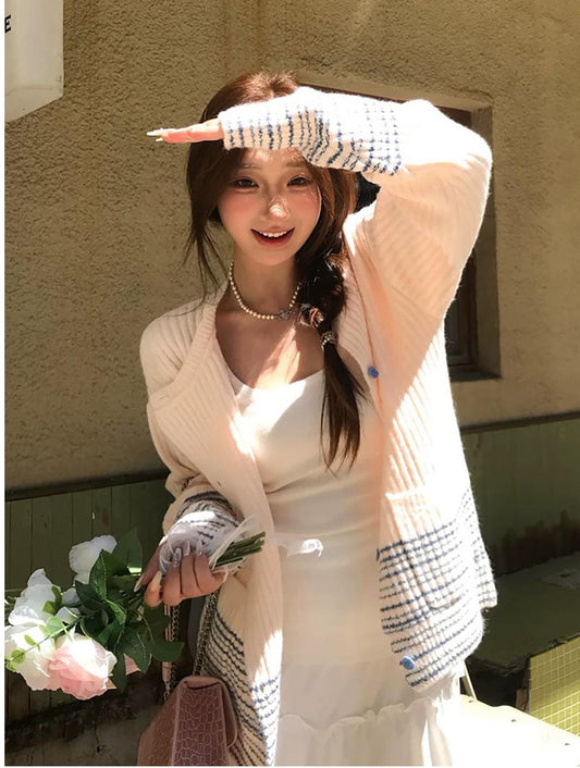 Korean Pink Hem Striped Cardigan