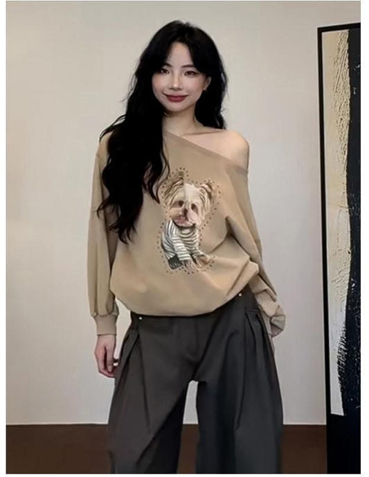 Korean Dog Print One-Shoulder Sweatshirt