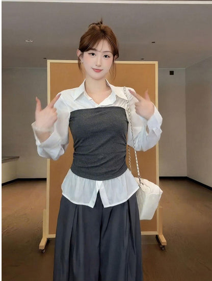 Korean Layered Contrast Long Sleeve Shirt