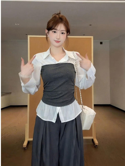 Korean Layered Contrast Long Sleeve Shirt