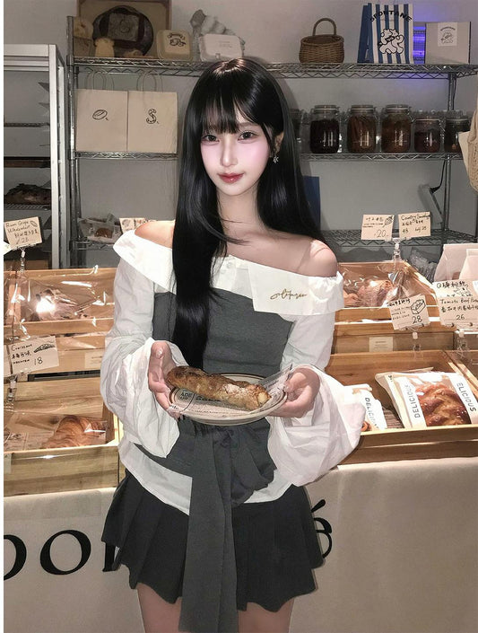 Korean Contrast Off Shoulder Tie Shirt