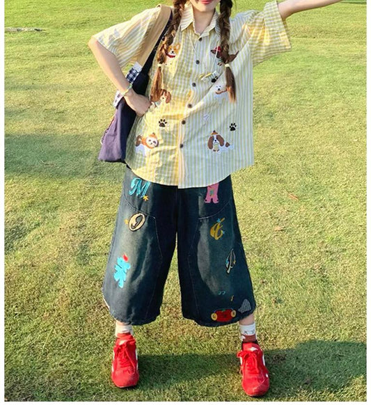 Cartoon Embroidered Denim Pants