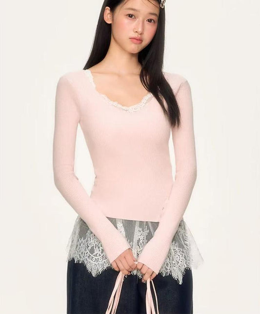 Pink V Neck Lace Knit Top