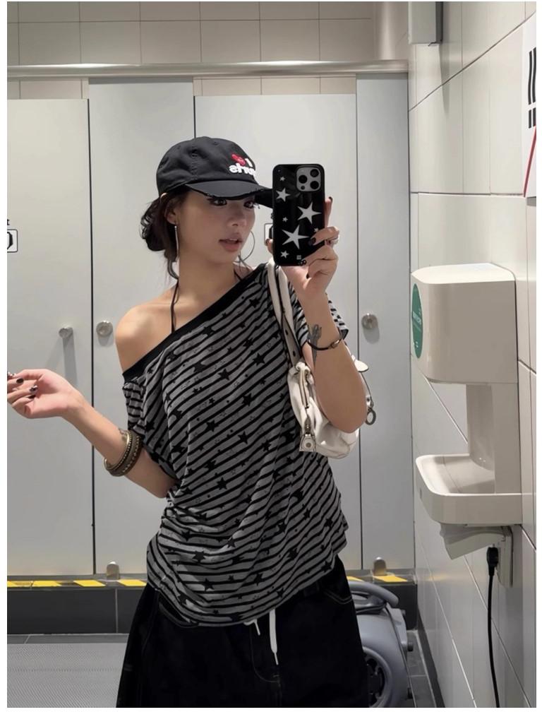 Star Striped One Shoulder Tee