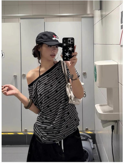 Star Striped One Shoulder Tee