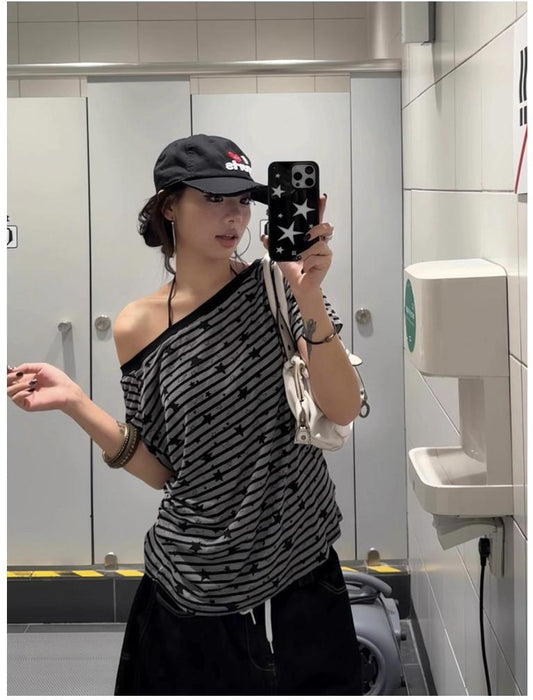 Star Striped One Shoulder Tee