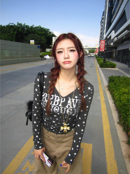 Star Print V Neck Long Sleeve Tee