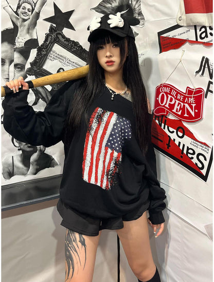 Flag Print One Shoulder Hoodie