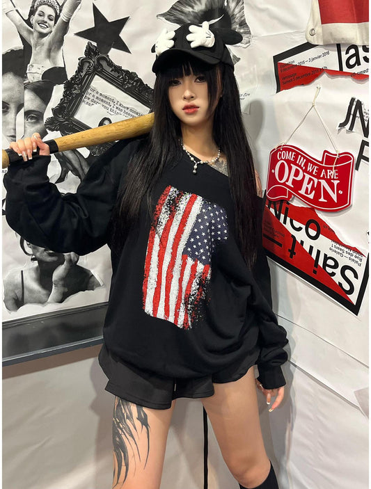 Flag Print One Shoulder Hoodie