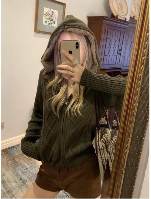 Korean Olive Hooded Fur Collar Cardigan
