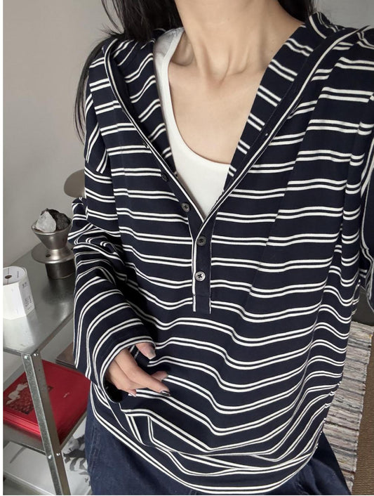 Navy Hooded Half Collar Stripe Tee