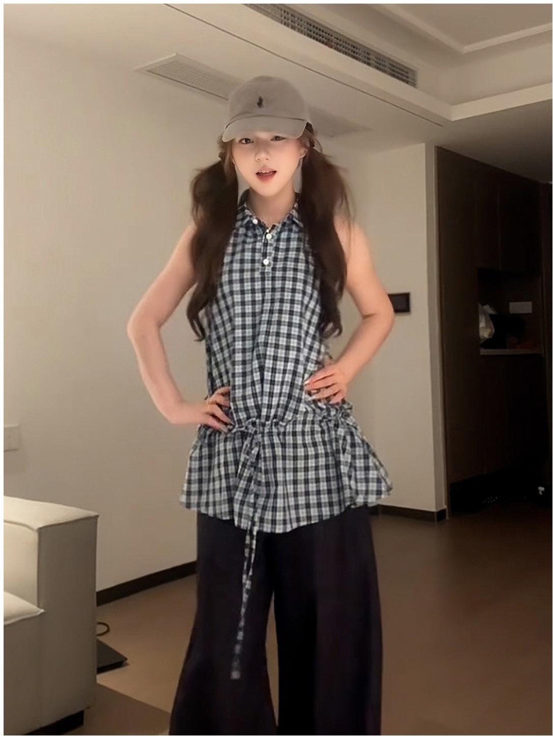 Korean Check Drawstring Top